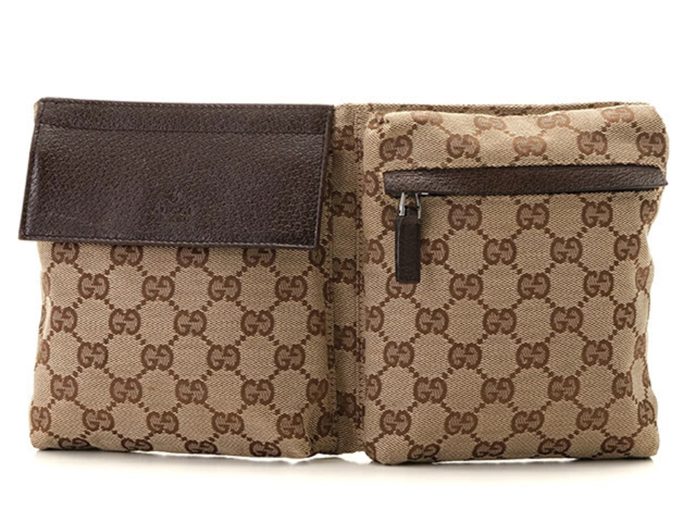 Gucci GG Waist Bag Dark Brown Beige Cream Canvas Leather